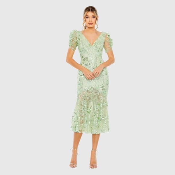Mac Duggal 68266 NWOT Green Puff Sleeve V Neck Floral Embellished Dress - Picture 2 of 8
